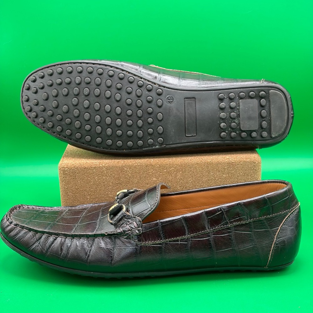 Persona Horsebit Driving Loafers Mens 12 Brown Leather Croc Embossed Shoes EUC